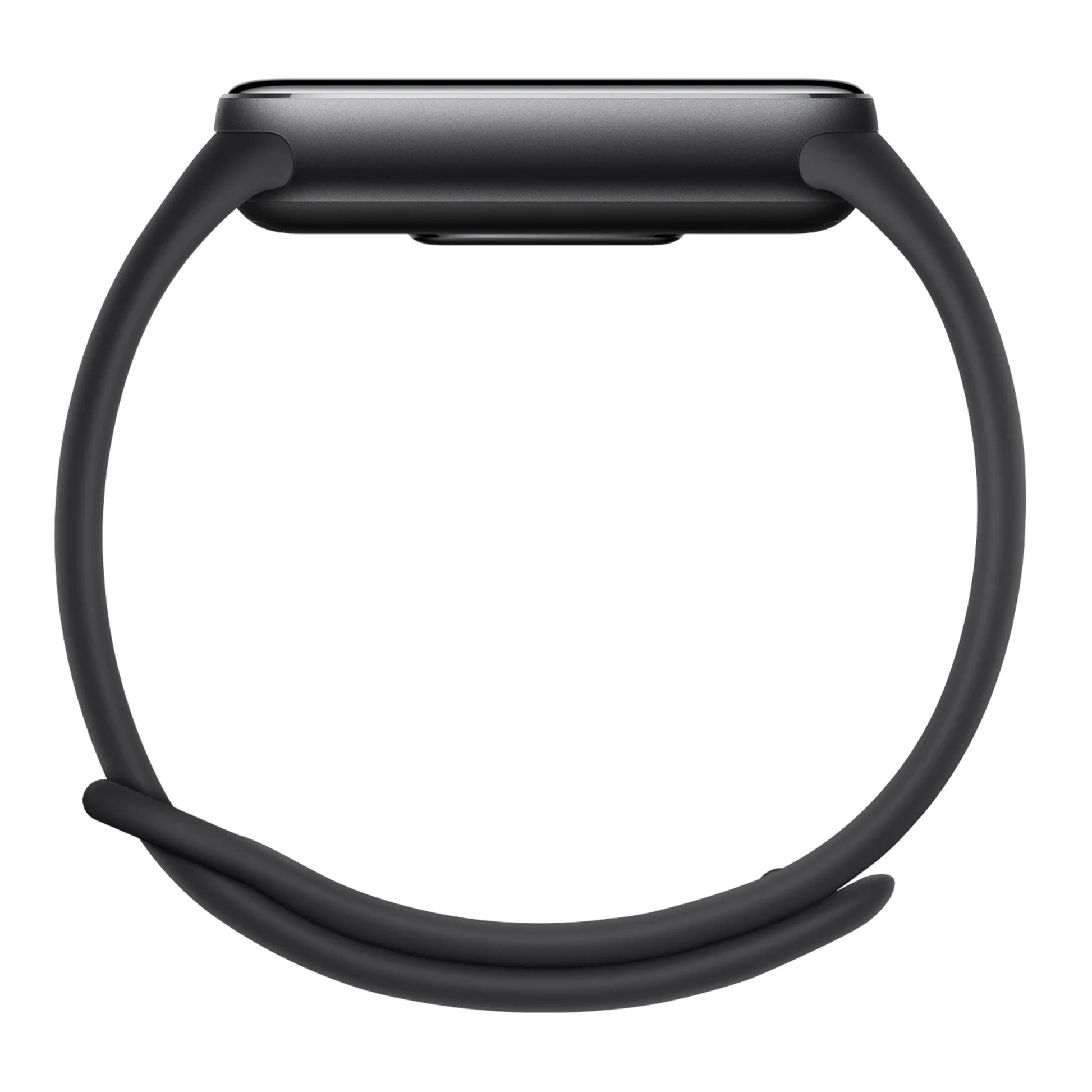 Xiaomi Smart Band 10, sort silikonerem, rektangulær skærm, sideview med display opad.