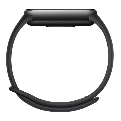 Xiaomi Smart Band 10, sort silikonerem, rektangulær skærm, sideview med display opad.