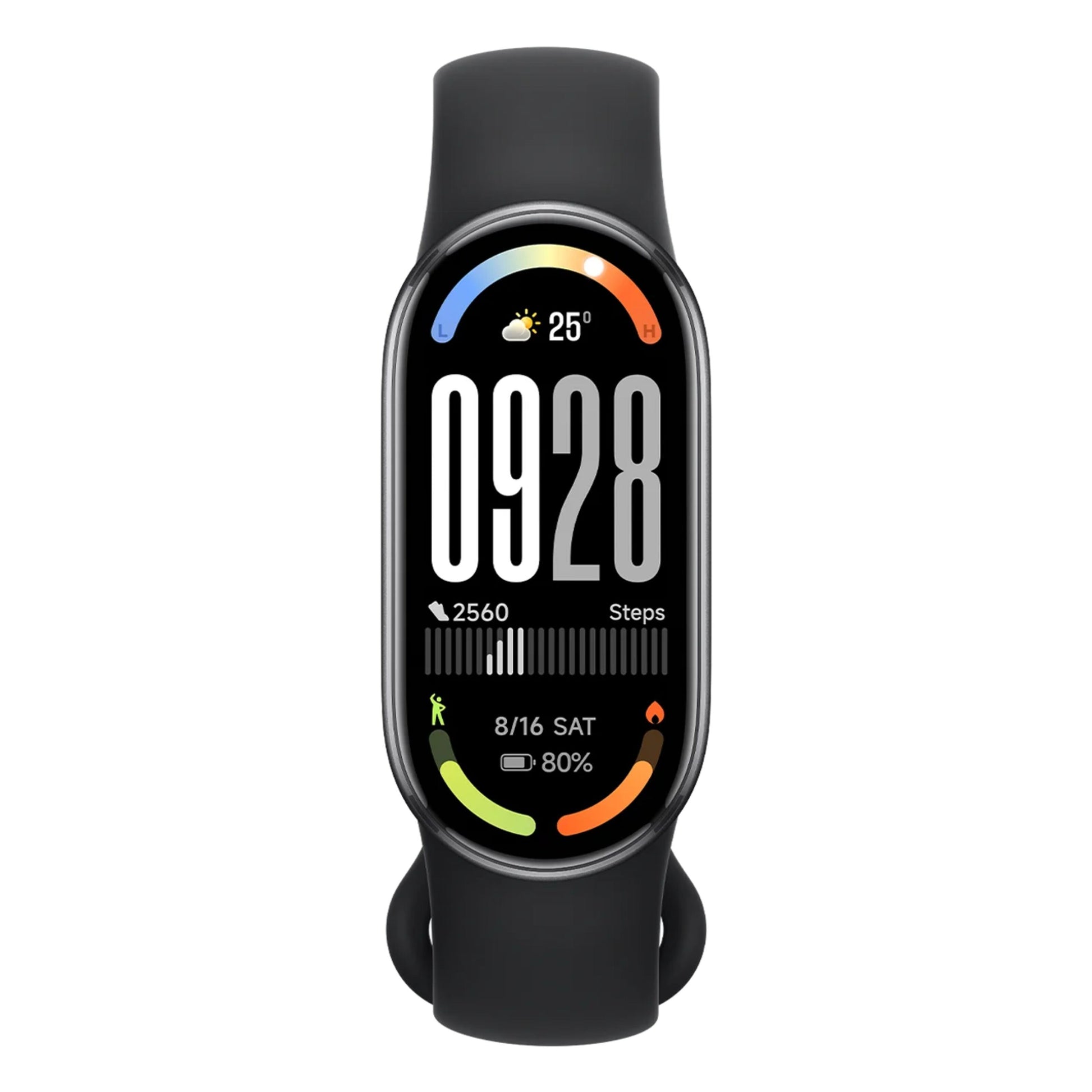 Xiaomi Smart Band 10 sort med farvedisplay viser tid 09:28, dato 8/16 LØR, 25°C, skridt 2560, batteri 80, aktivitetsstatus.