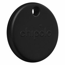 Chipolo POP Sporingstag, sort, rundt design med lille hul foroven og Chipolo-logo præget på fronten.