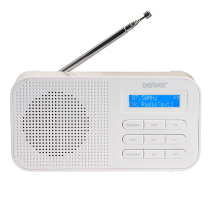 Denver FM-radio Hvid med teleskopantenne, blå LCD-skærm viser 87.50MHz FM, kompakt model.