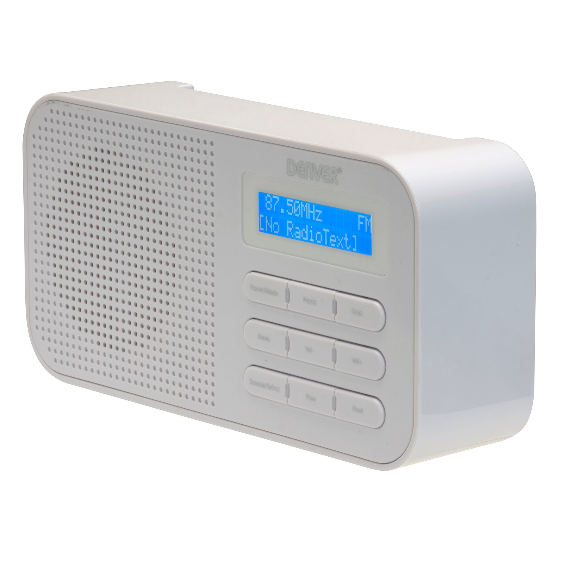 Denver FM-radio Hvid med blåt baggrundsbelyst display 87.50MHz FM, knapper under skærm foran højttalergrill.
