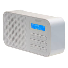 Denver FM-radio Hvid med blåt baggrundsbelyst display 87.50MHz FM, knapper under skærm foran højttalergrill.
