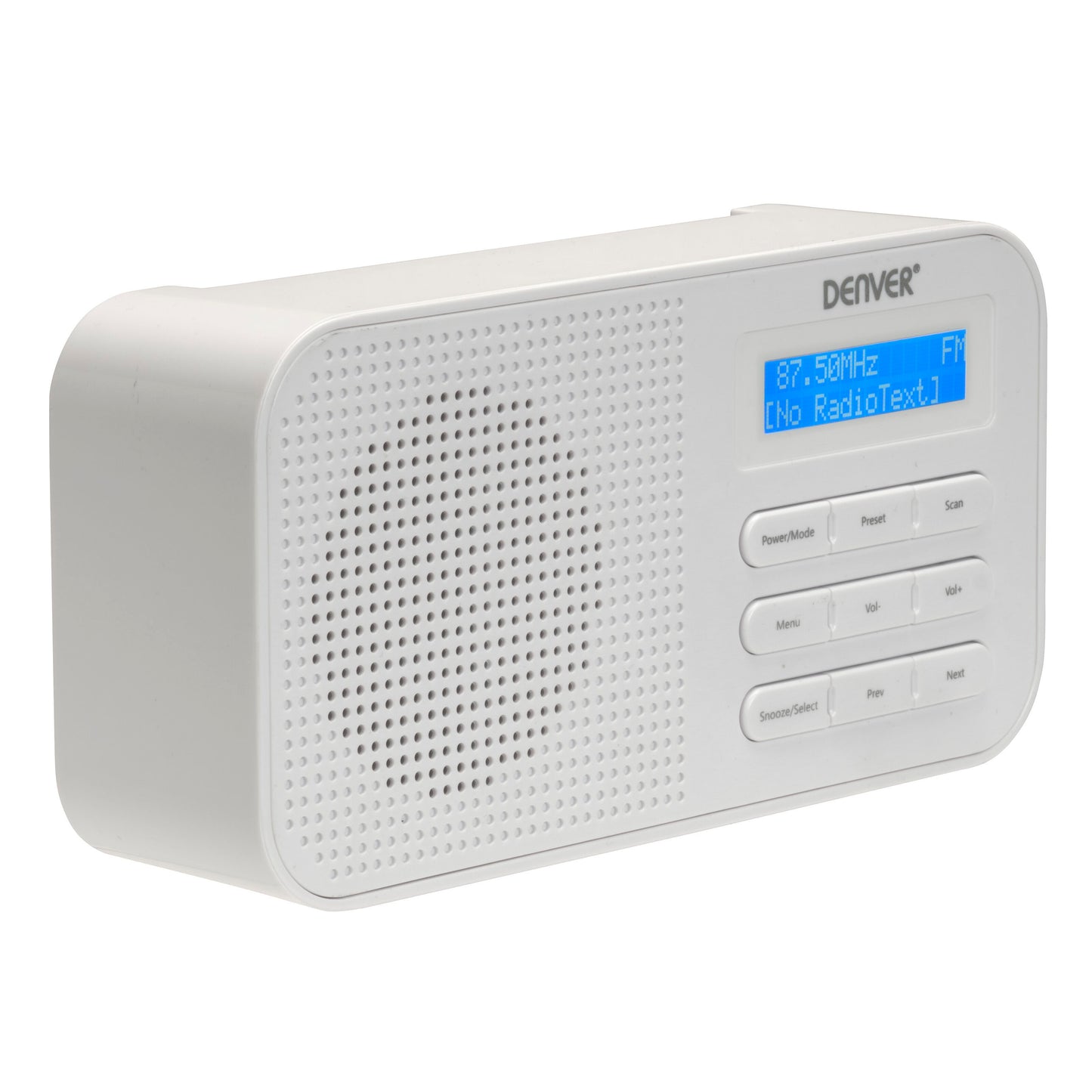 Denver FM-radio hvid, digitalt display viser 87.50MHz FM, knapper til Power/Mode, Scan, Menu og lydstyrke.