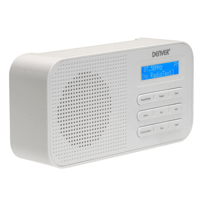 Denver FM-radio hvid, digitalt display viser 87.50MHz FM, knapper til Power/Mode, Scan, Menu og lydstyrke.