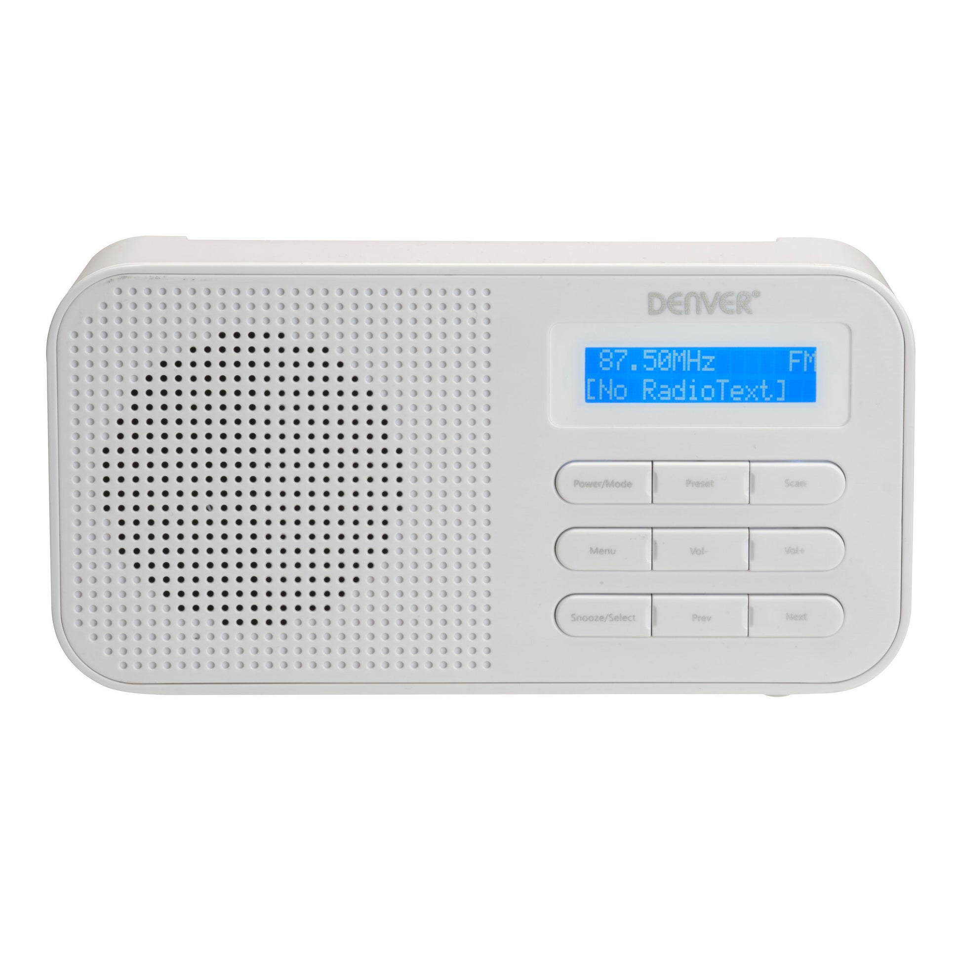 Denver FM-radio hvid med knapper højre, højttaler venstre, blåt digitalt display 87.50MHz FM, Denver-logo over display.