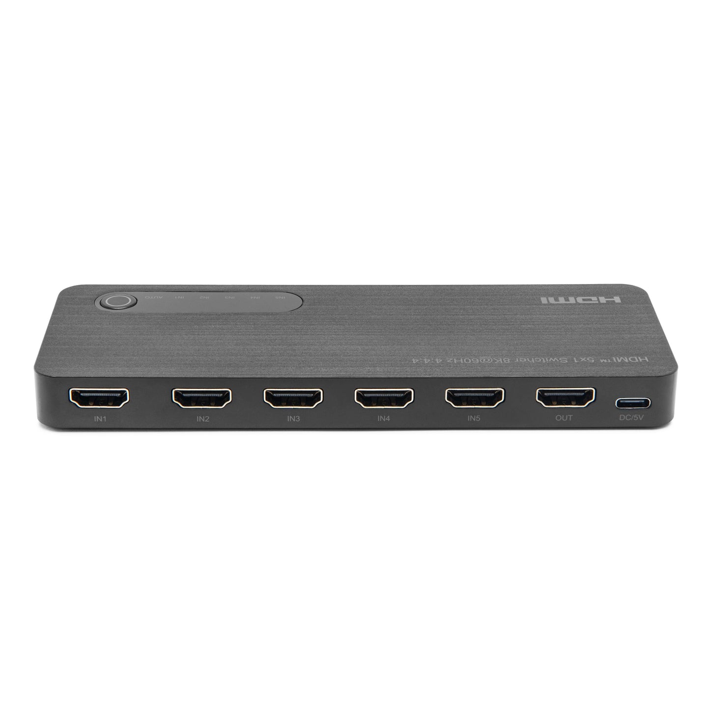 Luxorparts automatisk HDMI-switch 8K 5-vejs, porte IN1-IN5, én udgang, understøtter 8K opløsning, mørkegrå.
