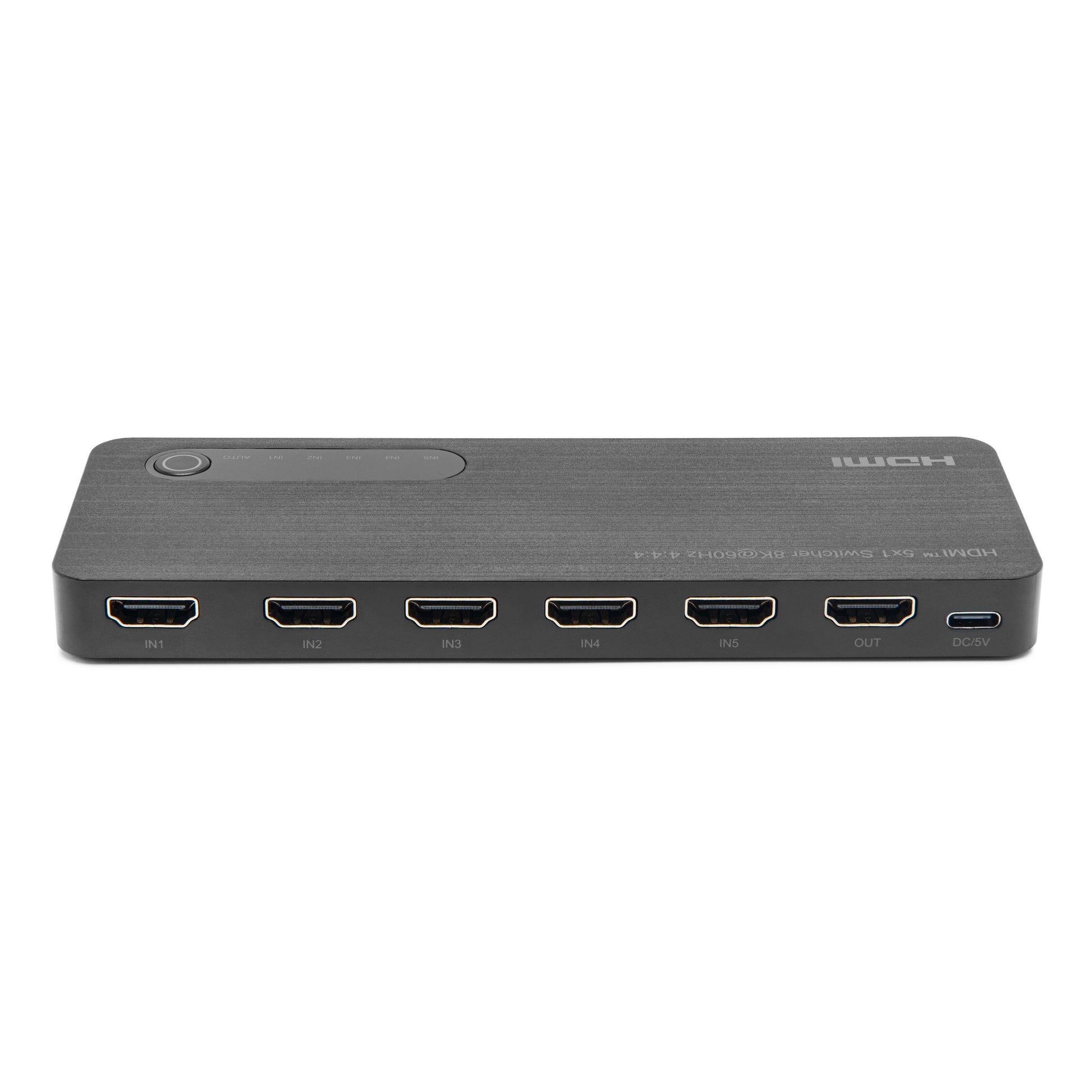 Luxorparts automatisk HDMI-switch 8K 5-vejs, porte IN1-IN5, én udgang, understøtter 8K opløsning, mørkegrå.
