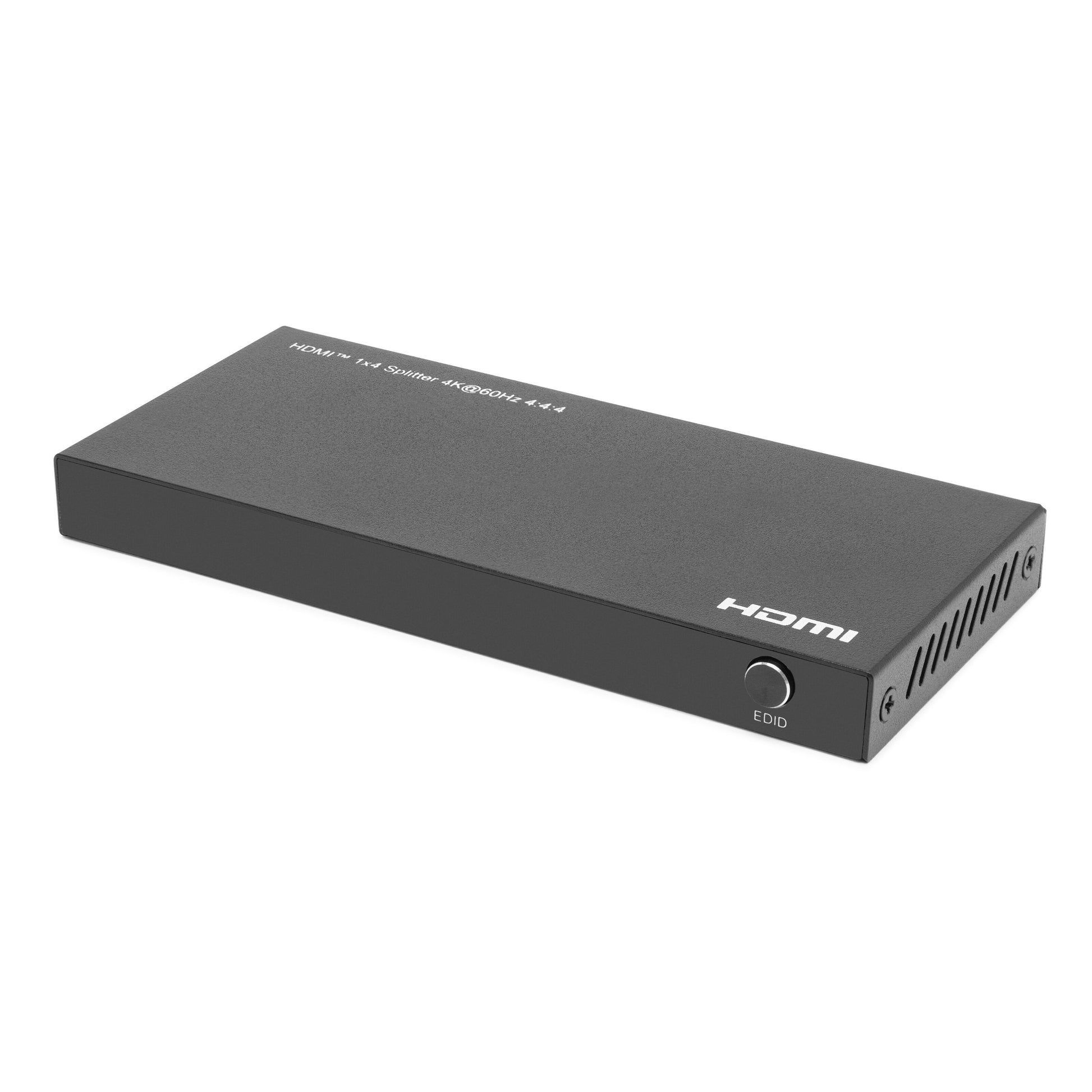 Luxorparts Aktiv HDMI-splitter 4K 1x4 sort rektangulær med ventilationsslidser, EDID-knap og "HDMI TV SWITCH 4x4" på toppen.