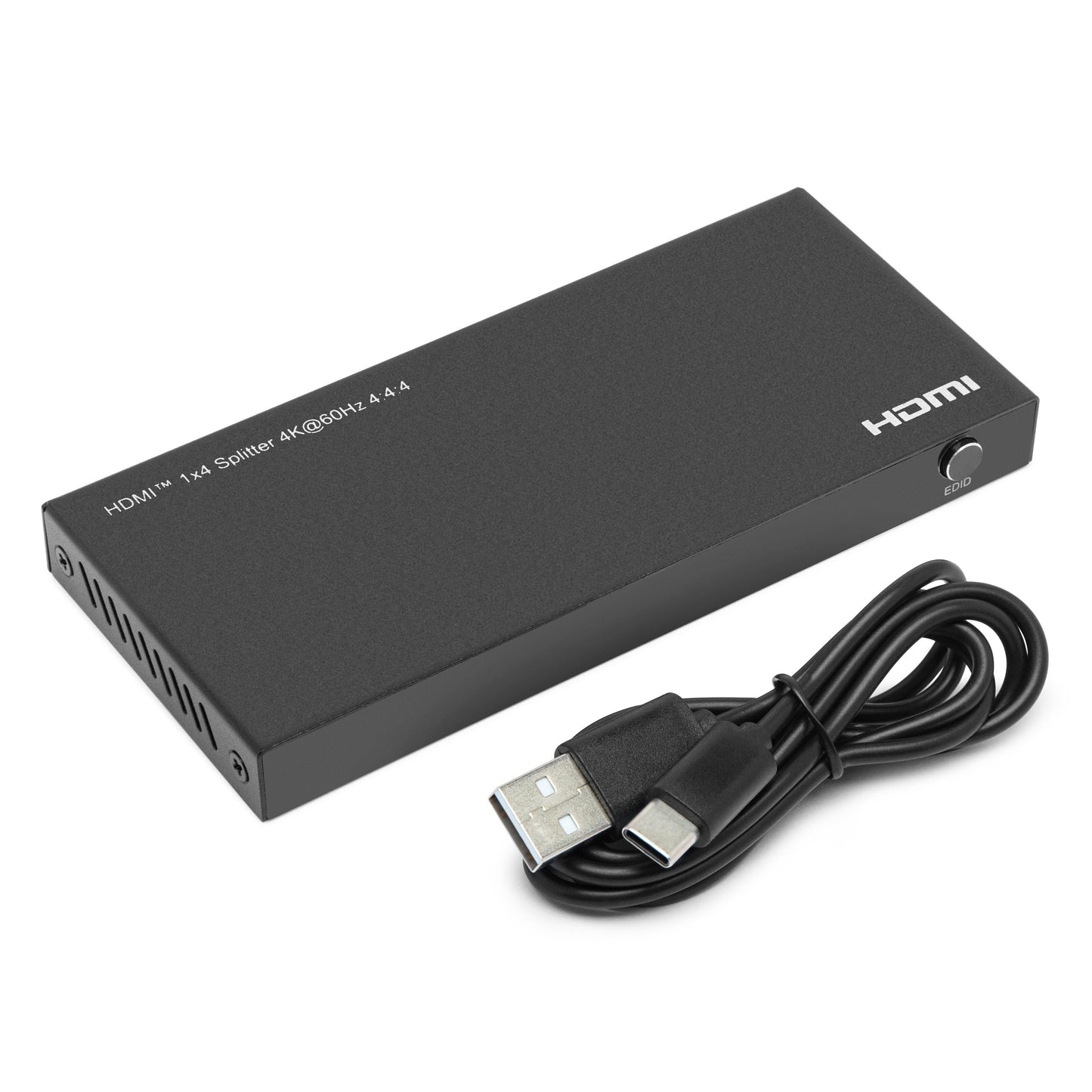 Aktiv HDMI-splitter 4K 1x4, understøtter 4K60Hz 4:4:4, EDID-knap, medfølgende spiralformet USB-C kabel.