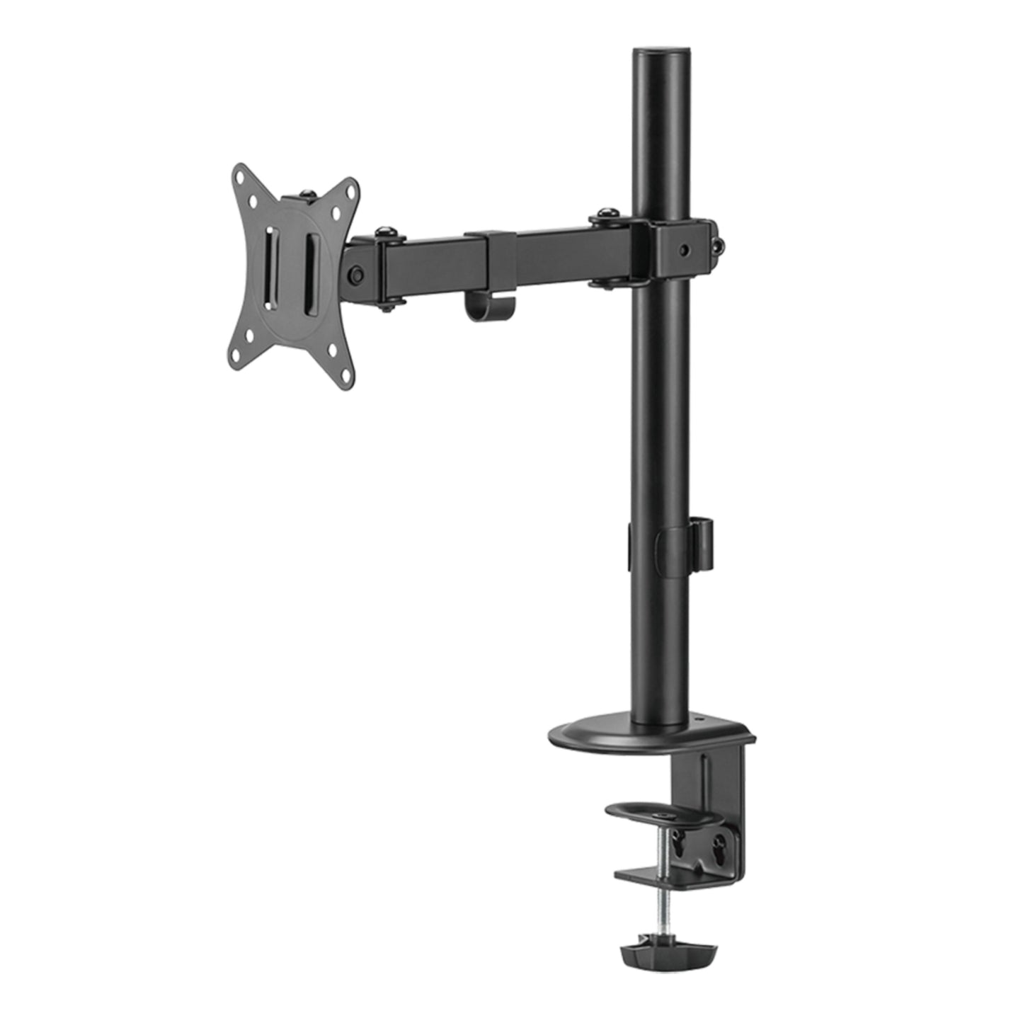 LogiLink sort bordbeslag til 17-32" computerskærm med VESA-mount, lodret stang, kabelhåndtering og bordkantmontering.