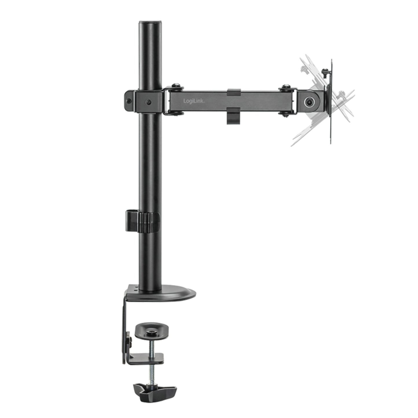 LogiLink bordbeslag til 17-32" computerskærm, sort, justerbar arm, højde/vippe/rotation, integreret kabelhåndtering.