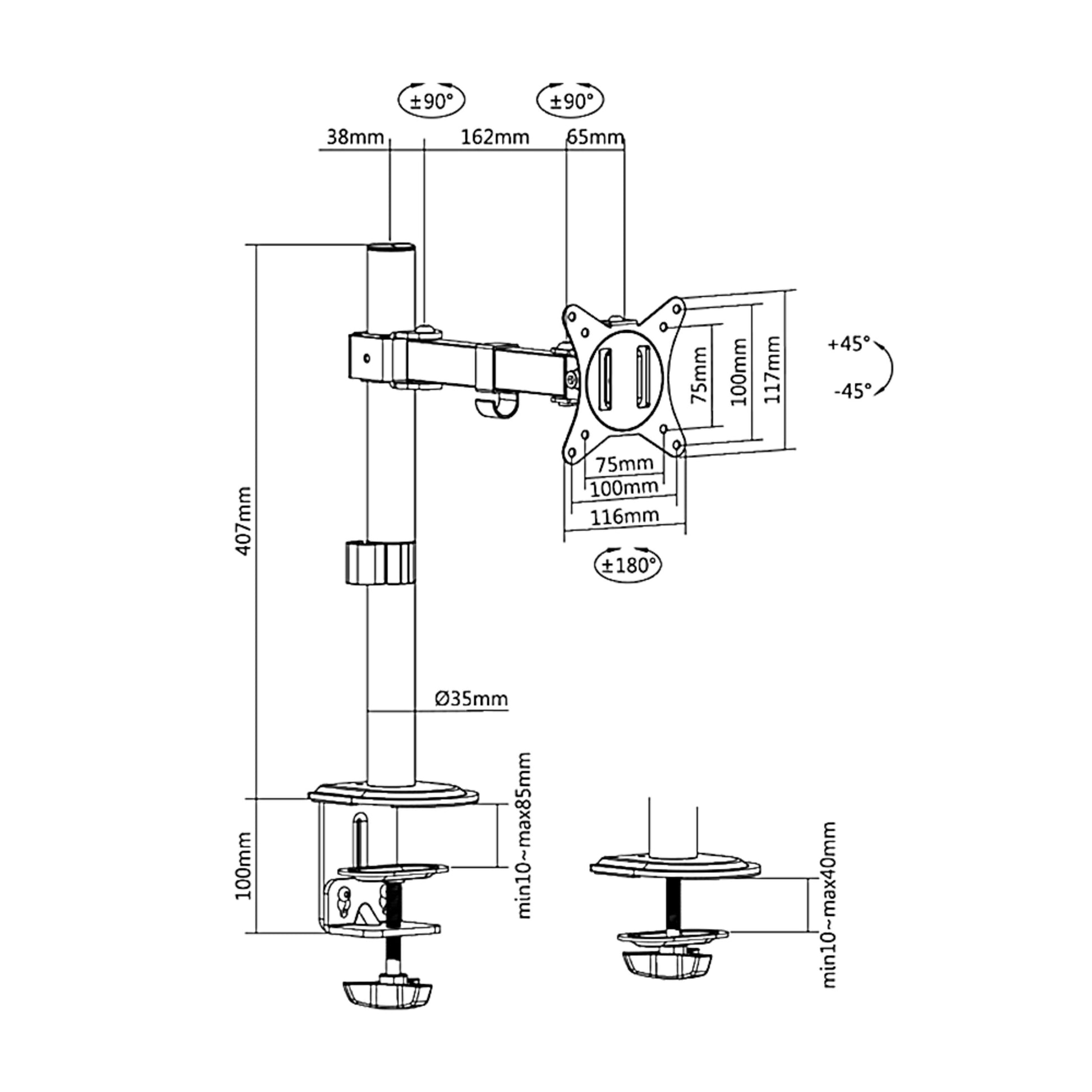 LogiLink bordbeslag til 17-32" skærm, teknisk diagram med mål, rotationsvinkler, monteringsplade og kabelhåndtering.