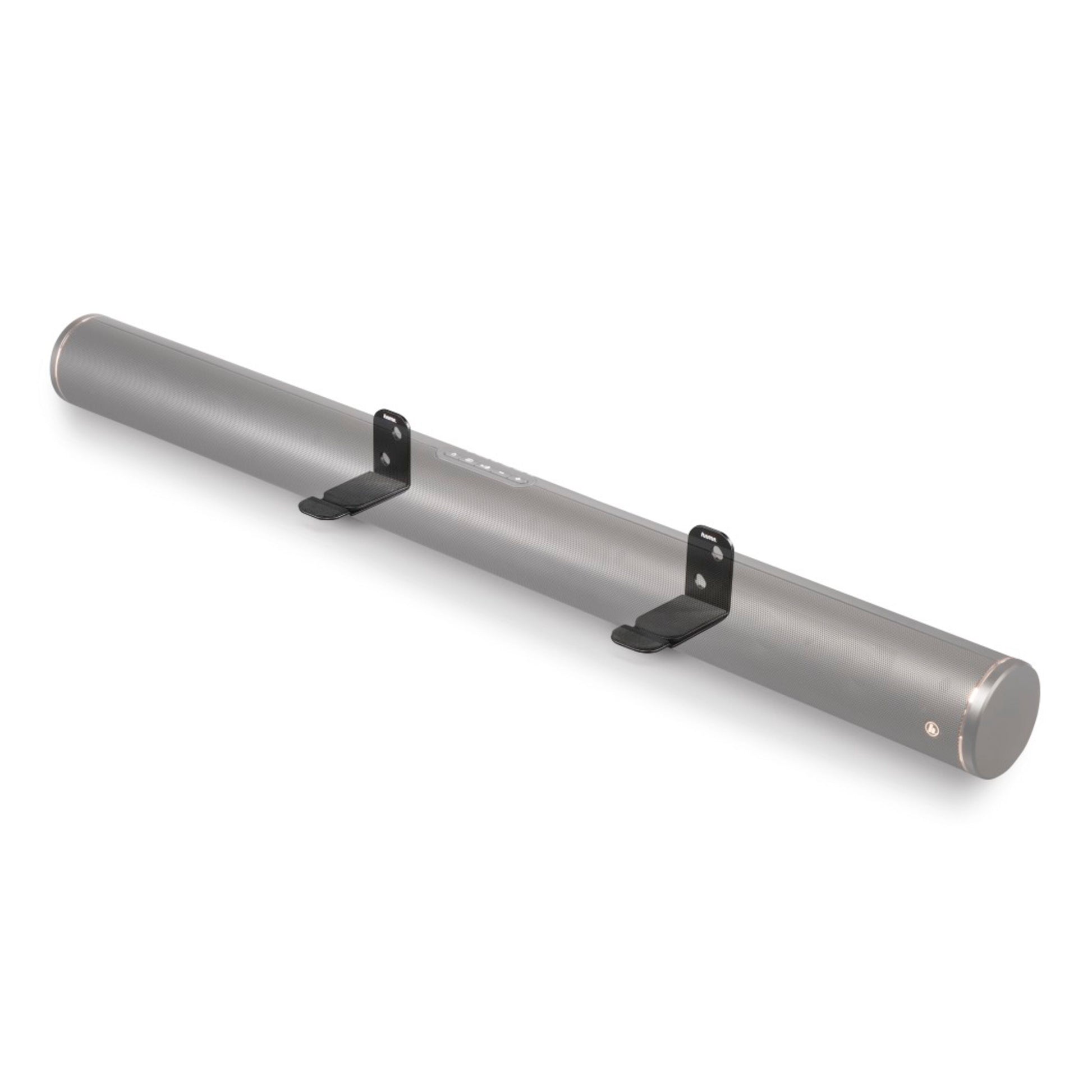 Grå cylindrisk soundbar med knapper på toppen, monteret vandret med fleksibelt vægbeslag til soundbar.