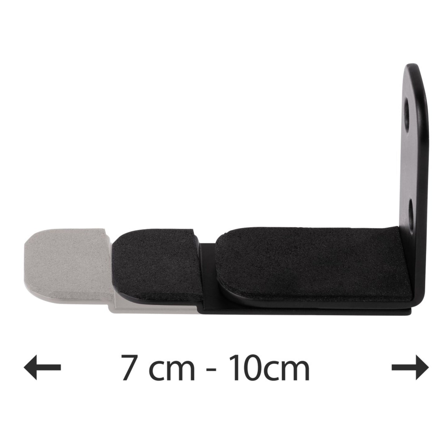 Hama fleksibelt sort vægbeslag til soundbar, udtrækslængde 7-10 cm, med synlige måleindikatorer og pile.