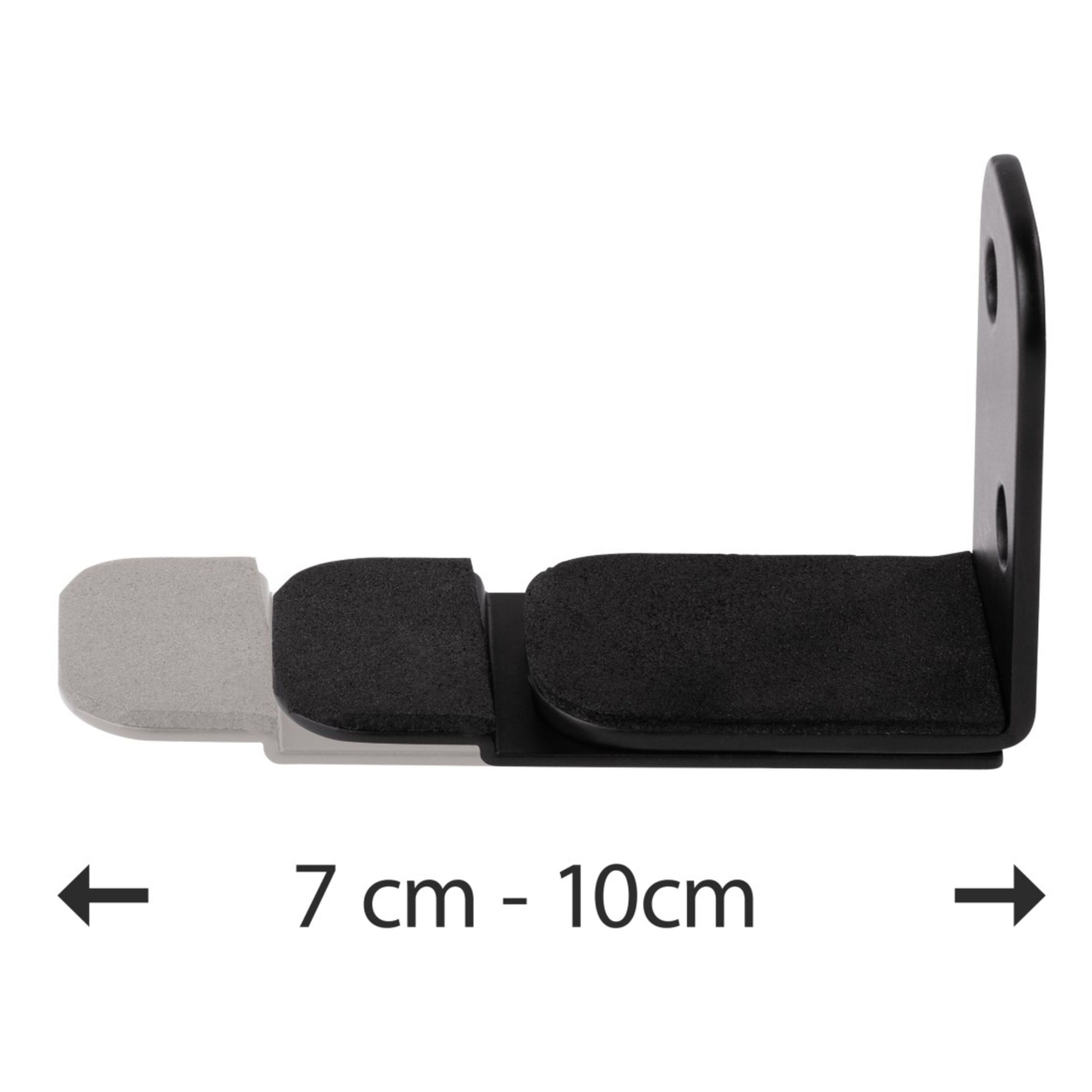Hama fleksibelt sort vægbeslag til soundbar, udtrækslængde 7-10 cm, med synlige måleindikatorer og pile.
