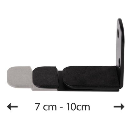 Hama fleksibelt sort vægbeslag til soundbar, udtrækslængde 7-10 cm, med synlige måleindikatorer og pile.