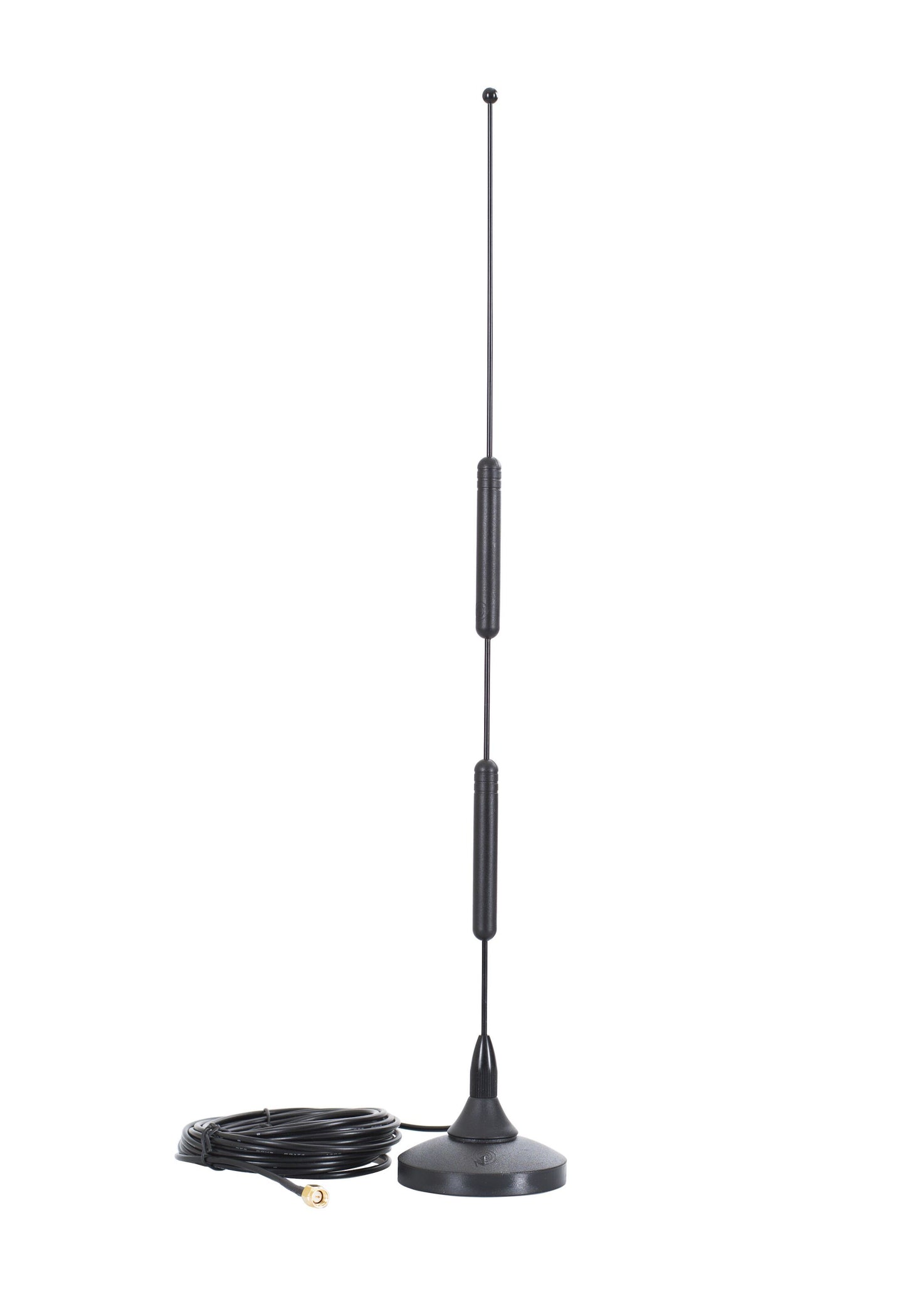 Midimag 4G-antenne 7-8 dBi sort, to cylindriske sektioner, rund fod, lang kabel med guldstik.