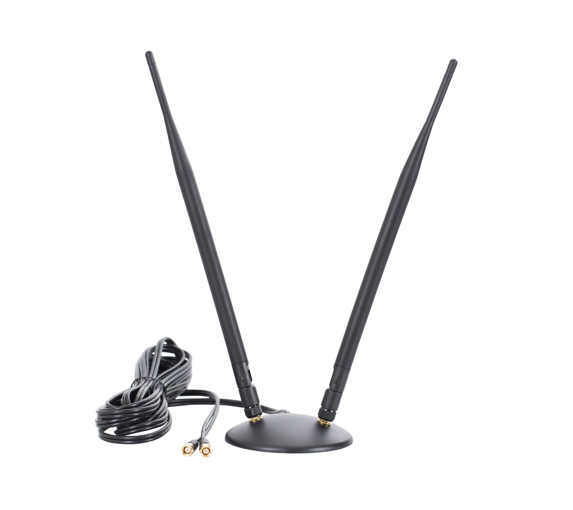 Diablo SMA 4G Mimo antenne 7-8 dBi, to sorte antenner på rund fod, spiralformet kabel, to guldfarvede SMA-stik.