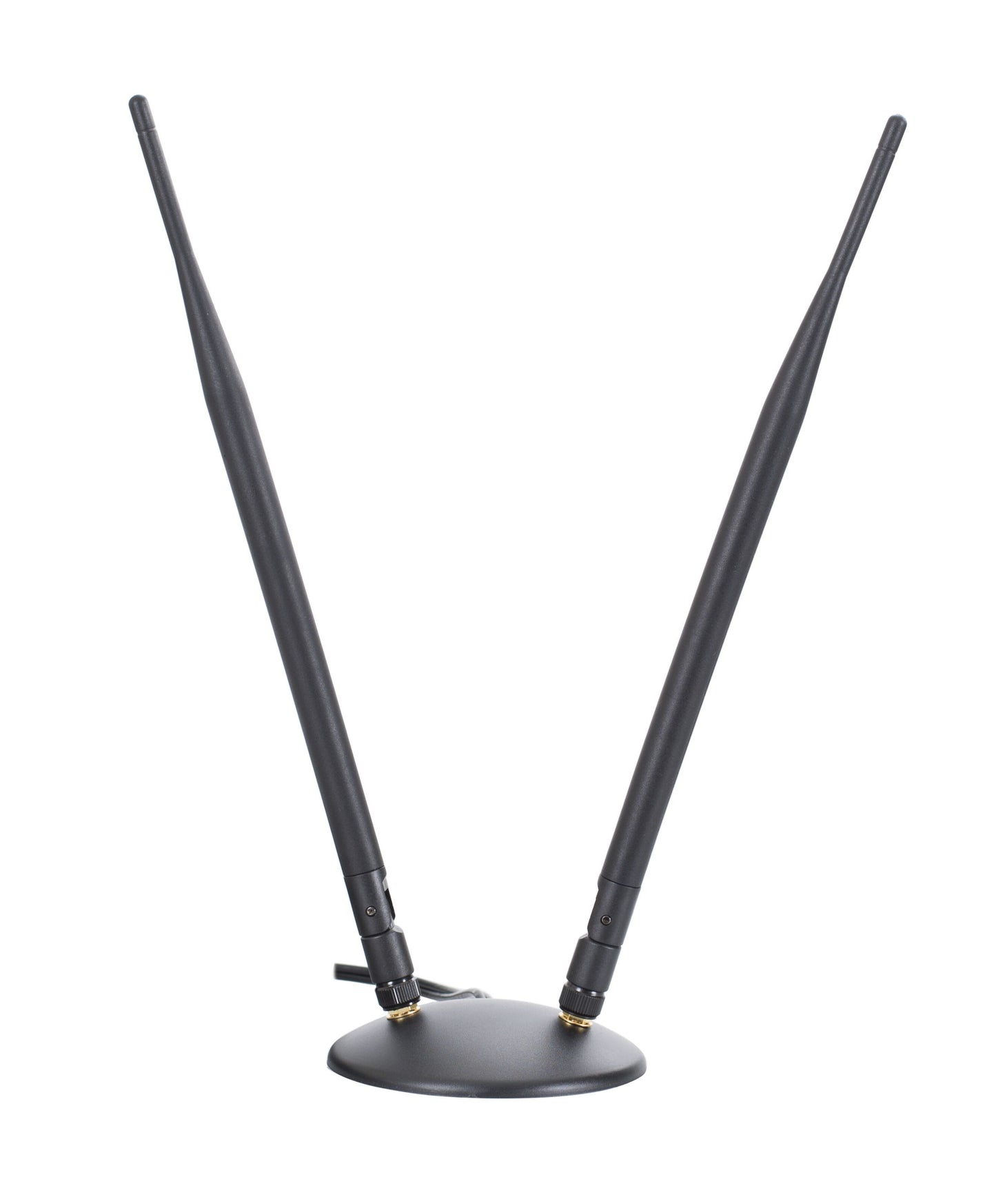 Diablo TS9 4G-antenne Mimo 7-8 dBi, to sorte Wi-Fi-antenner med TS9 stik på rund sort base i V-form.