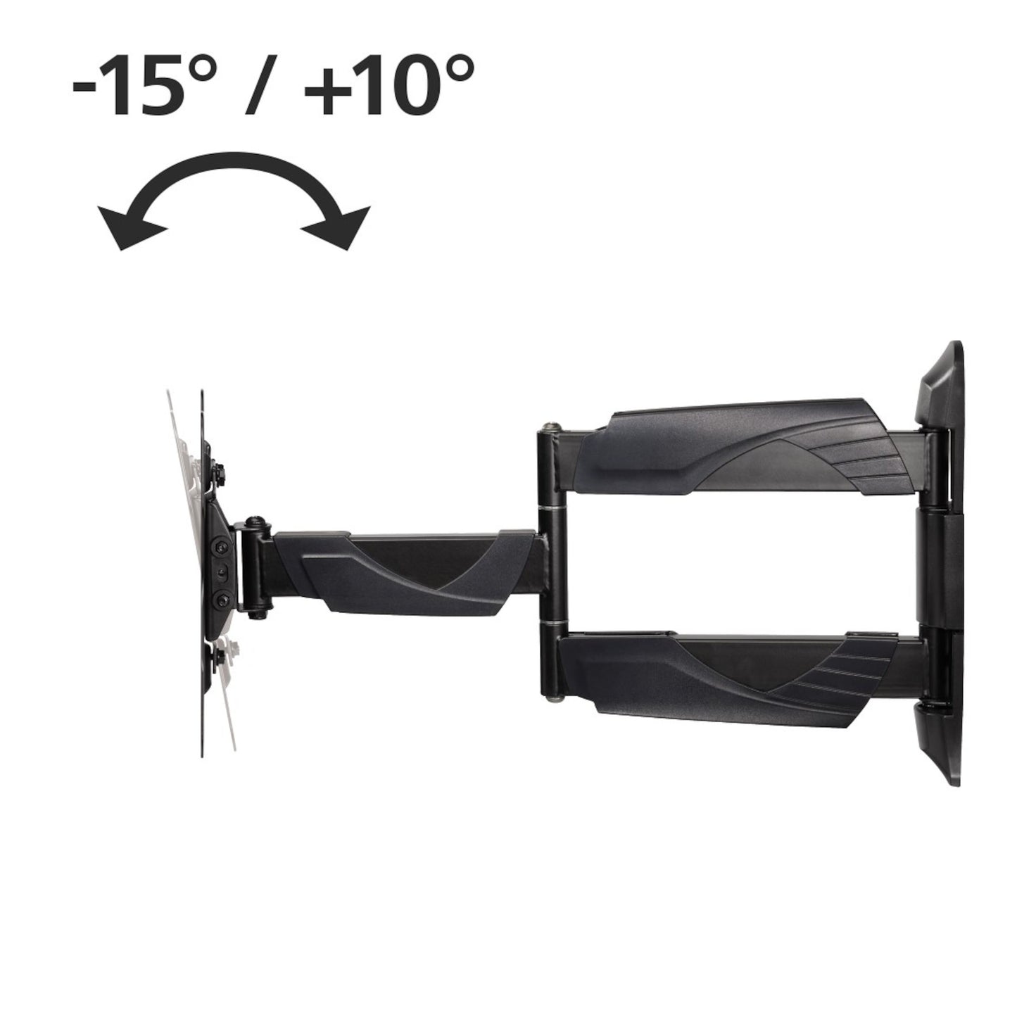 Hama Fullmotion Slim sort 3-leddet TV vægbeslag til 32-65" med justerbar arm, tilt -15° til +10°, set fra siden.