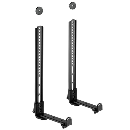 Justerbar sorte metal soundbar beslag til TV med kroge nederst, monteret lodret side om side.