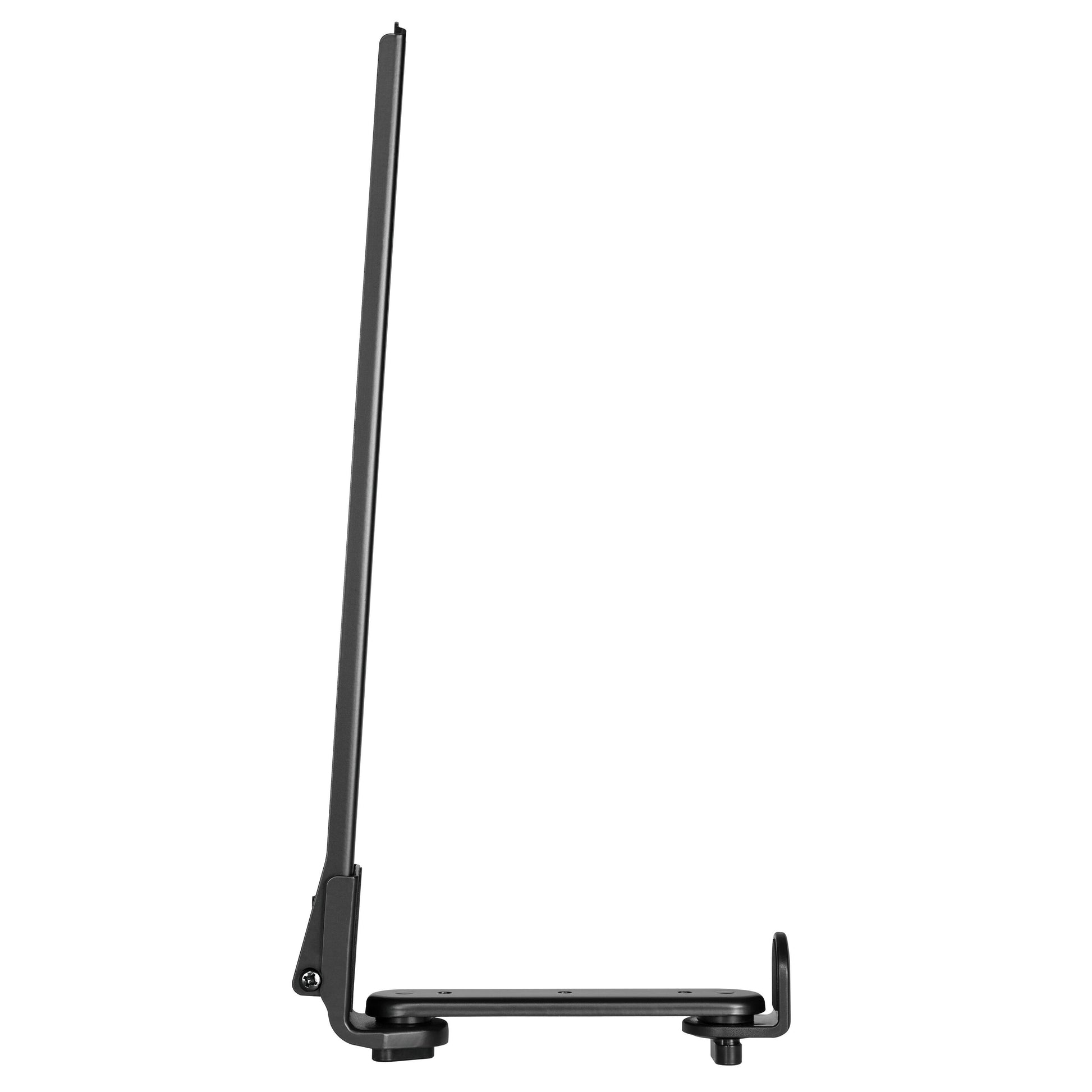 Sort L-formet justerbart soundbar-beslag i metal til VESA-montering under tv, set fra siden.