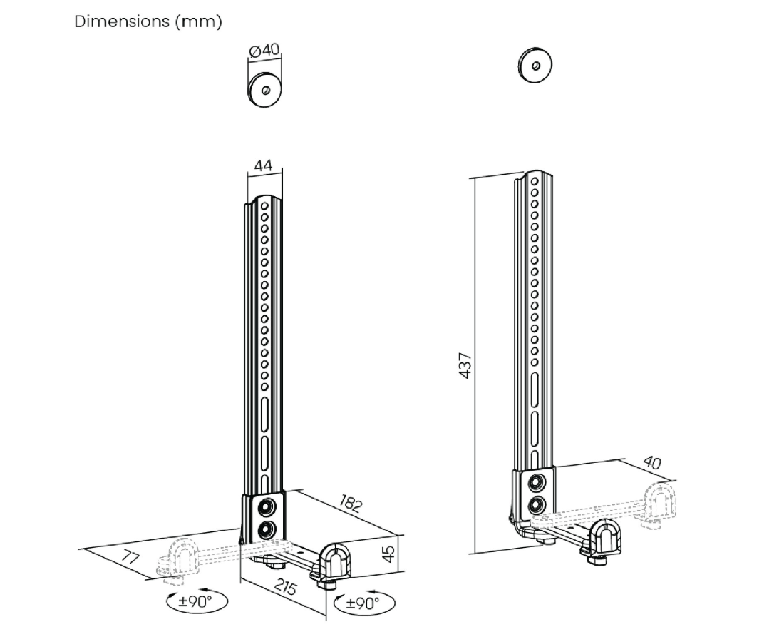 Luxorparts Soundbar-beslag til TV, teknisk tegning front/side, mål: 437x44 mm, bundmål i millimeter.