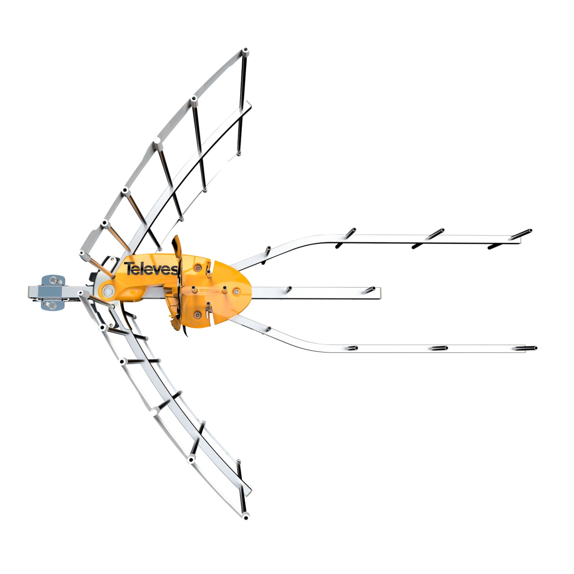 Televés Ellipse UHF TV-antenne med orange midte og metalramme nærbillede.