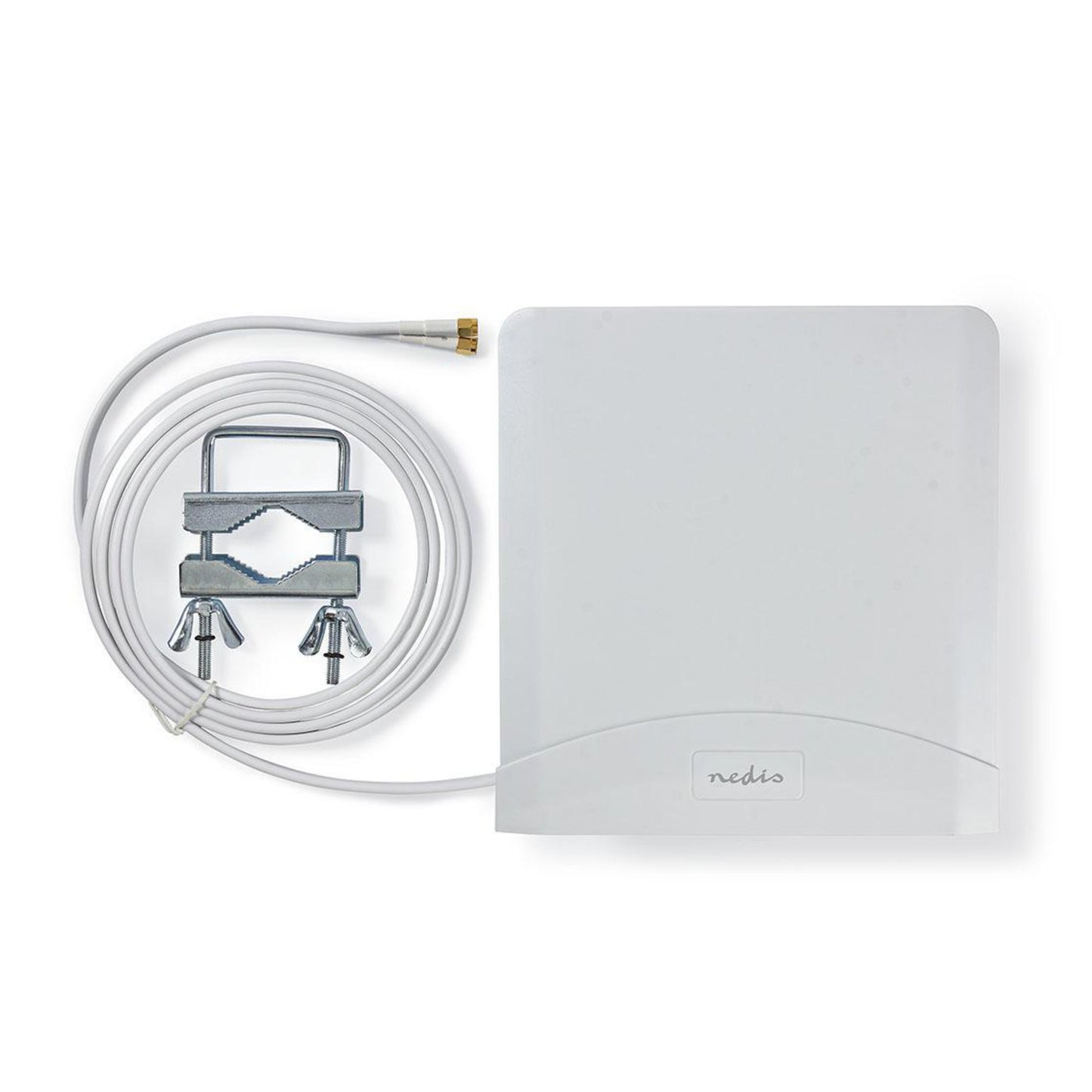 Nedis 5G/4G panelantenne, hvid rektangulær, Mimo 6 dBi, lang koaksialkabel, SMA-stik, metalbeslag, logo på fronten.