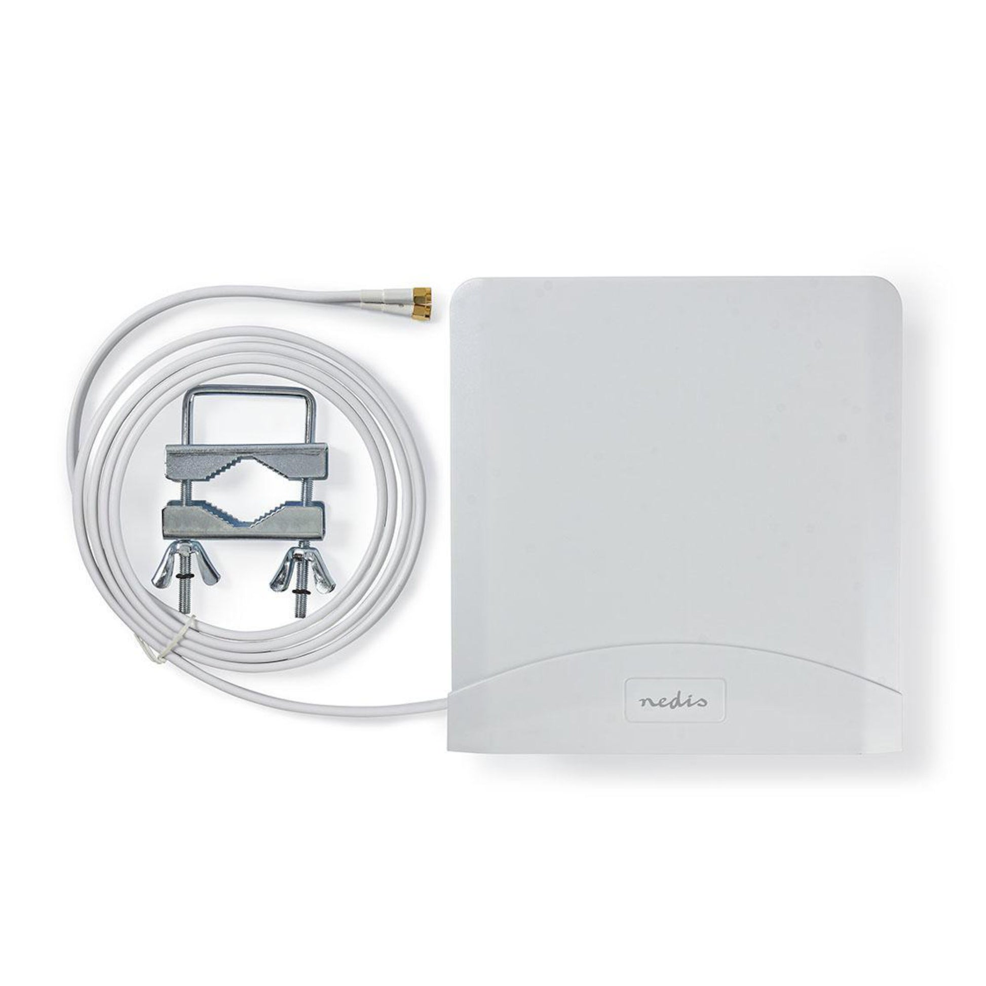 Nedis 5G/4G panelantenne, hvid rektangulær, Mimo 6 dBi, lang koaksialkabel, SMA-stik, metalbeslag, logo på fronten.