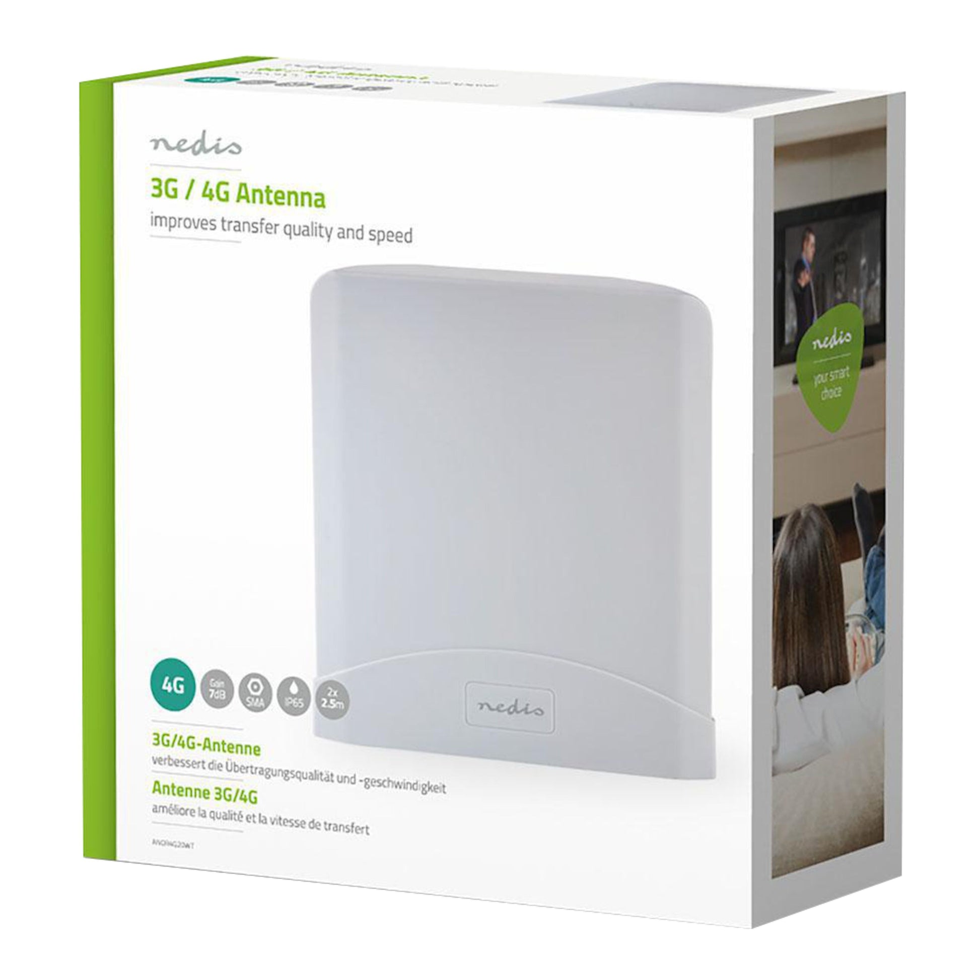 Nedis 5G/4G antenne Mimo 6 dBi vises på æske med produktdetaljer og billede af familie, der ser tv.