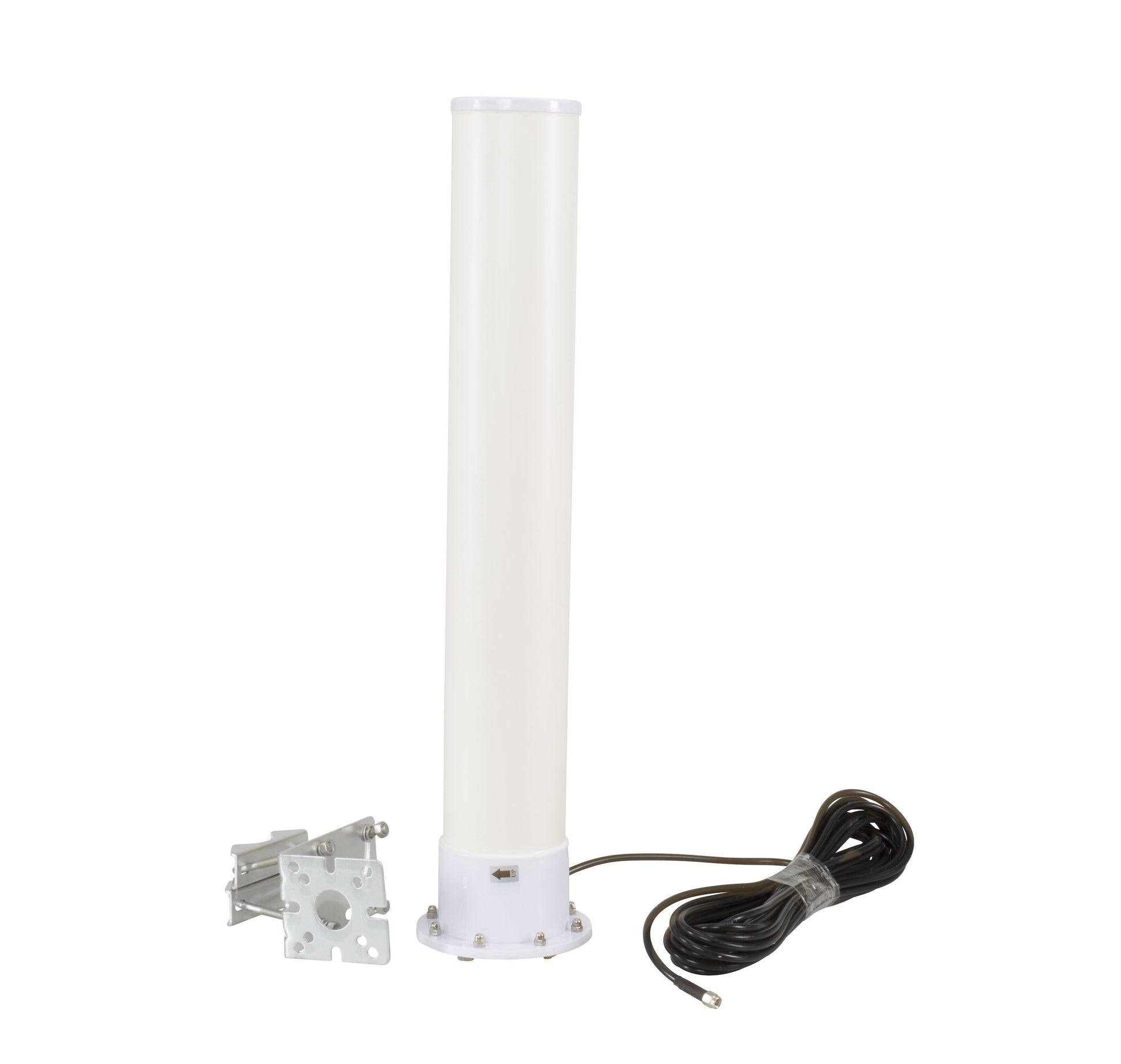 Rettet 4G antenne 18 dBi hvid cylindrisk med montagebeslag og lang sort koaksialkabel med SMA-hanstik.