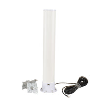 Rettet 4G antenne 18 dBi hvid cylindrisk med montagebeslag og lang sort koaksialkabel med SMA-hanstik.