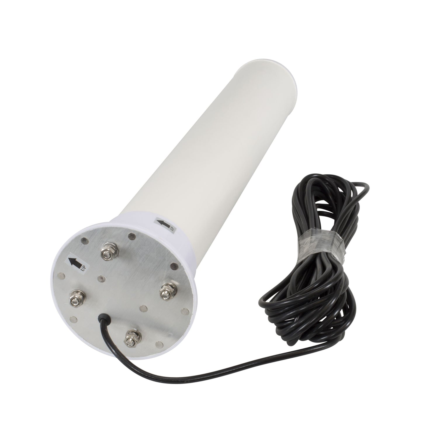 Rettet 4G-antenne 18 dBi, hvid cylinder med UP-pil mærkat, monteringsbolte og sort spiralkabel med SMA-hanstik.