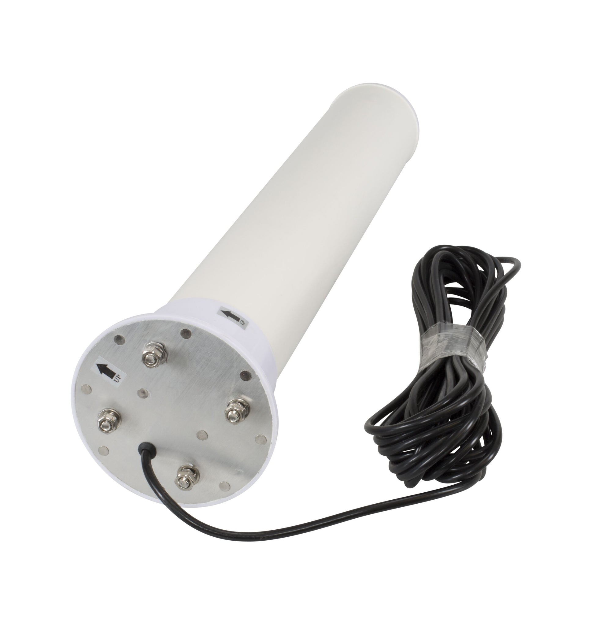 Rettet 4G-antenne 18 dBi, hvid cylinder med UP-pil mærkat, monteringsbolte og sort spiralkabel med SMA-hanstik.