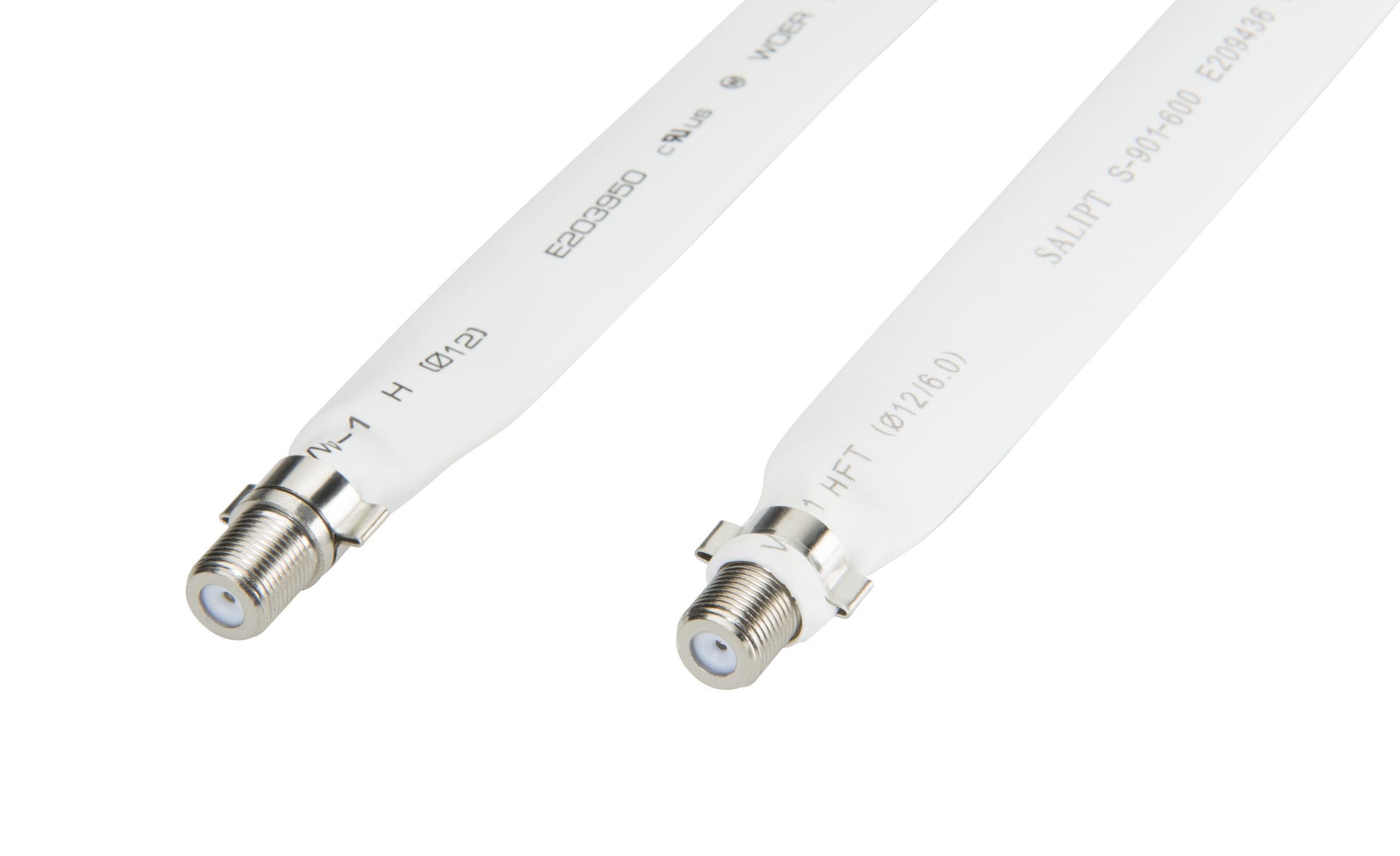 Luxorparts F-kabel til vinduesgennemføring, hvid, sølvstik, sort tekst på isolering, til kabler side om side.