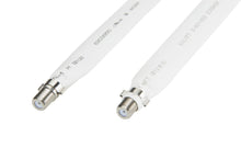 Luxorparts F-kabel til vinduesgennemføring, hvid, sølvstik, sort tekst på isolering, til kabler side om side.