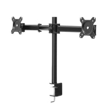 Bordbeslag med 2 arme til op til 27" skærme, justerbar, klemmebase, central stang, VESA-kompatibelt beslag.