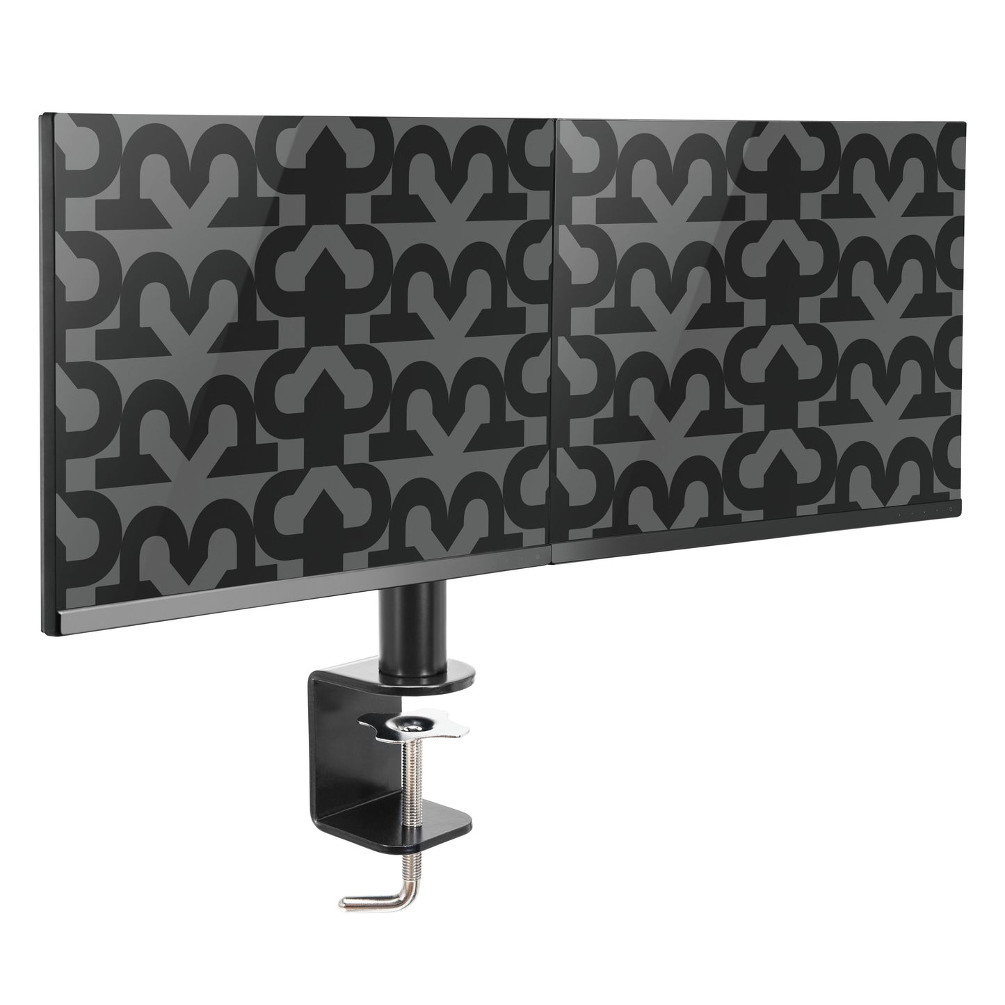 Plexgear sort to-panel privacy screen med gråt geometrisk design monteret på bordbeslag med 2 arme til skærme op til 27.