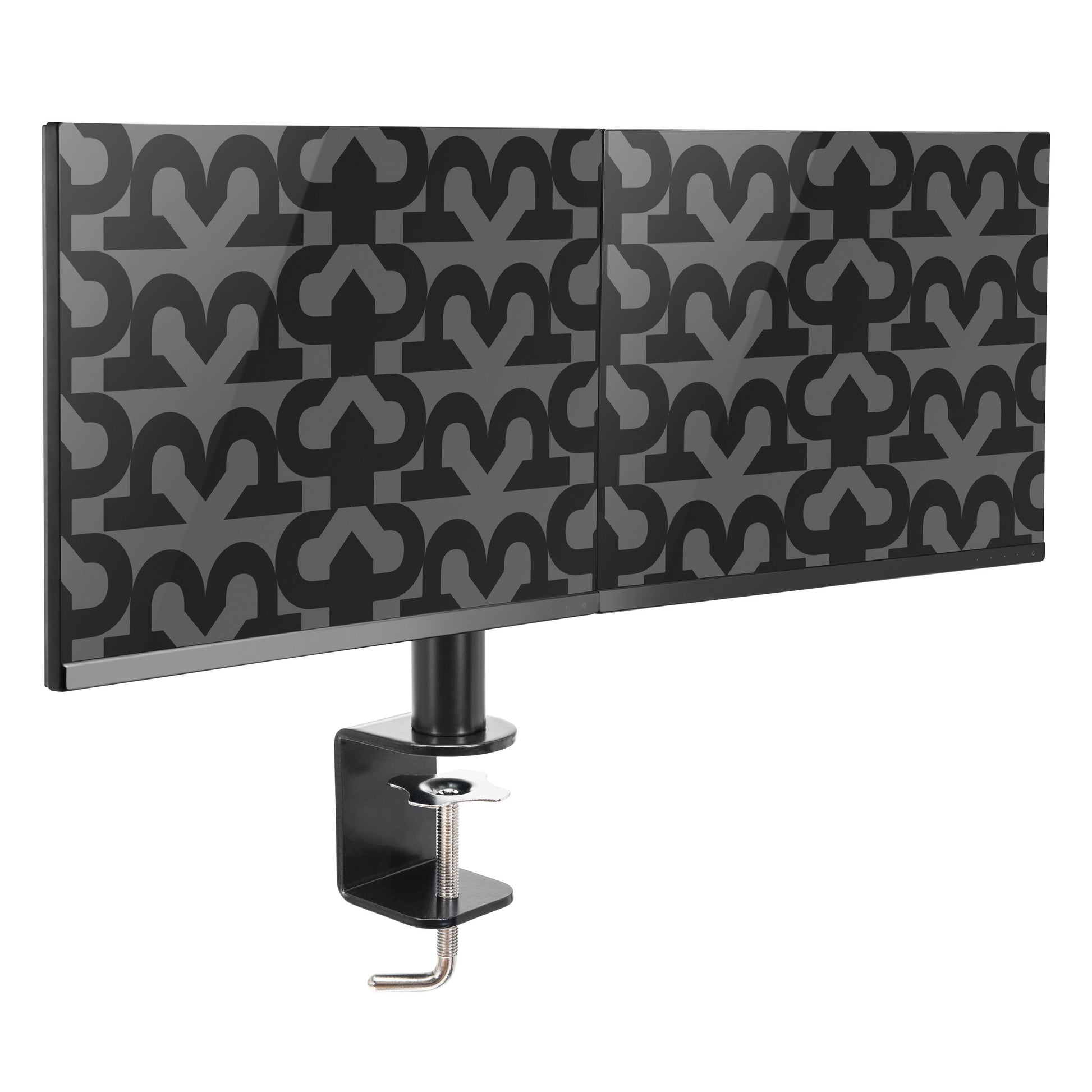Plexgear sort to-panel privacy screen med gråt geometrisk design monteret på bordbeslag med 2 arme til skærme op til 27.