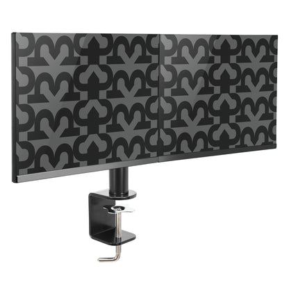 Plexgear sort to-panel privacy screen med gråt geometrisk design monteret på bordbeslag med 2 arme til skærme op til 27.