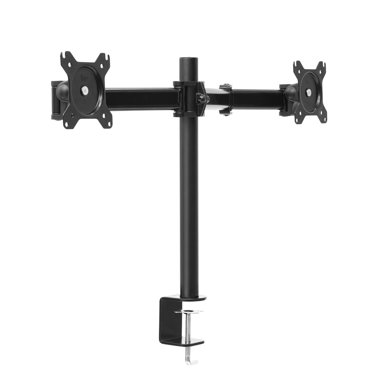 Plexgear bordbeslag med 2 justerbare arme til skærme op til 27", VESA-plader, bordklemme på lodret stang.