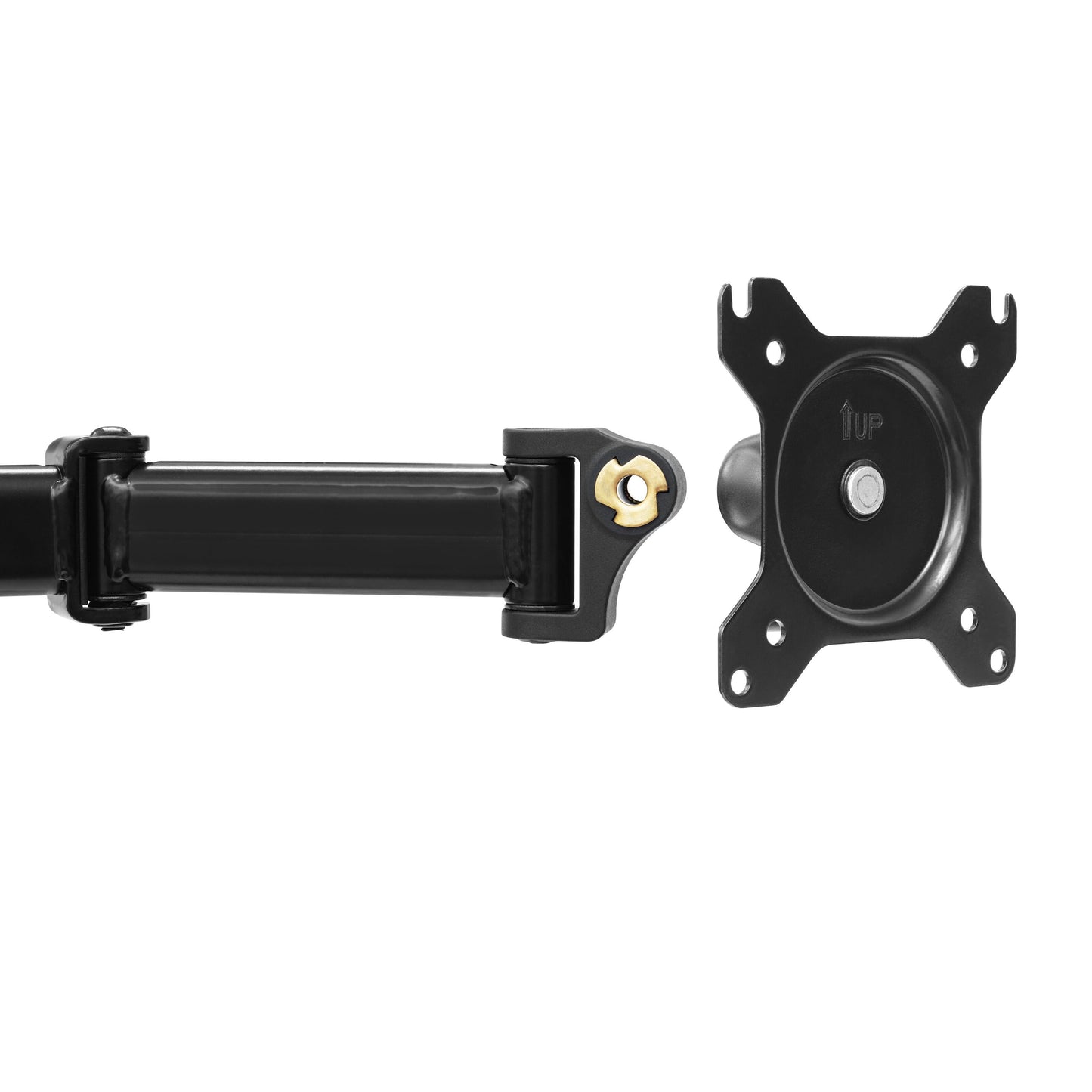 Sorter justerbart monitorarmbordbeslag med 2 arme, VESA-mount og guldfarvet spændeknap, til skærme op til 27.
