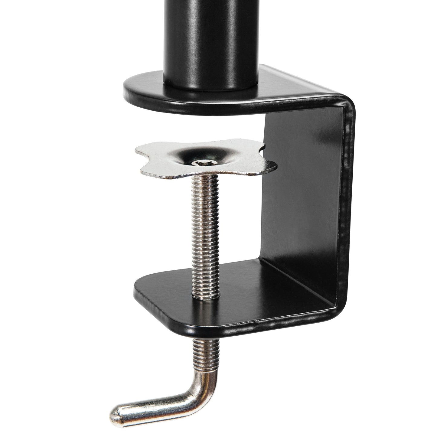 Plexgear Bordbeslag med 2 arme til skærme op til 27", sort metal VESA C-clamp med gevind og flad top til skrivebordskant.