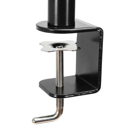 Plexgear Bordbeslag med 2 arme til skærme op til 27", sort metal VESA C-clamp med gevind og flad top til skrivebordskant.