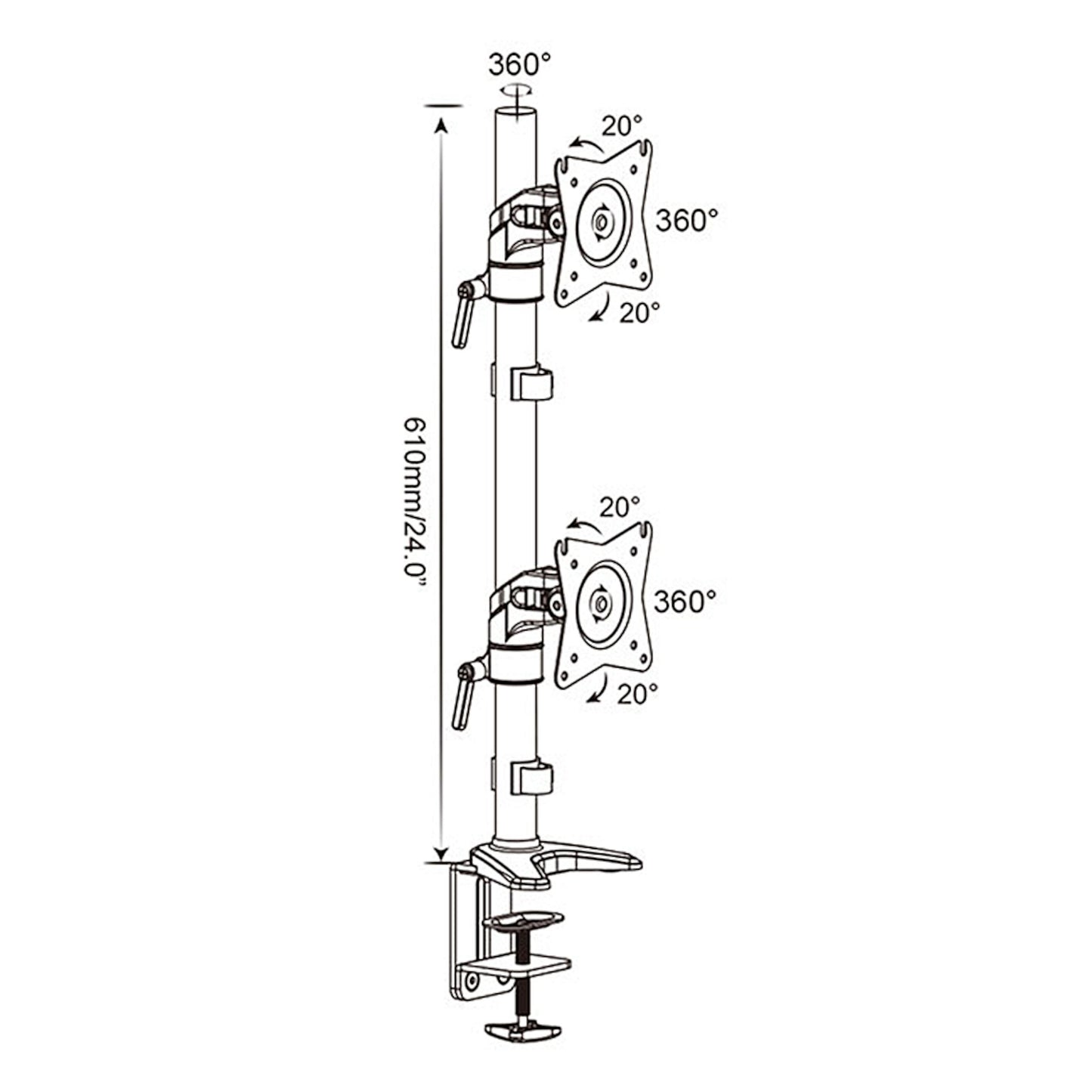 Plexgear bordbeslag med 2 justerbare arme til 15-27" skærme, 360° rotation, 20° tilt, 610 mm stang med bordklemme.