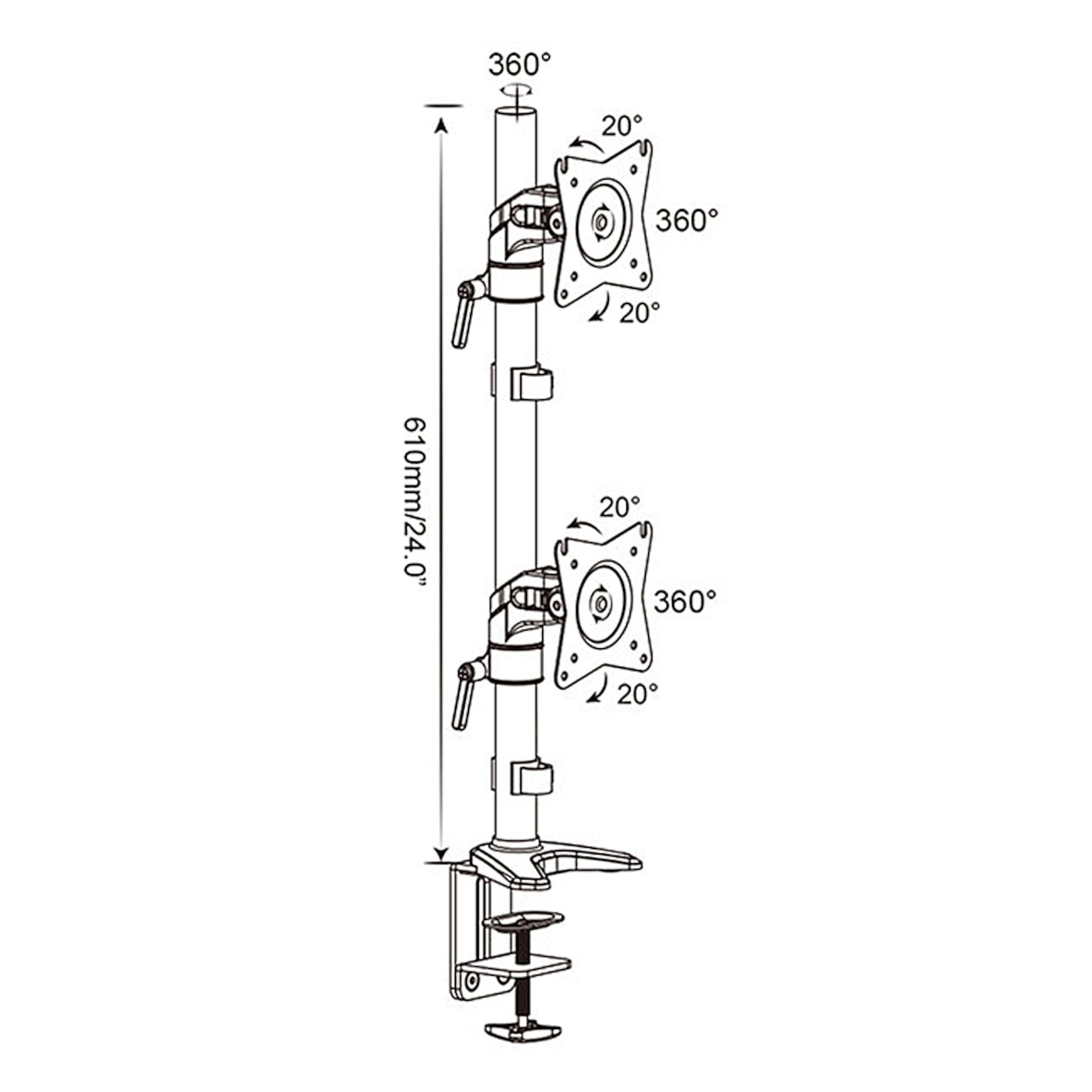 Plexgear bordbeslag med 2 justerbare arme til 15-27" skærme, 360° rotation, 20° tilt, 610 mm stang med bordklemme.