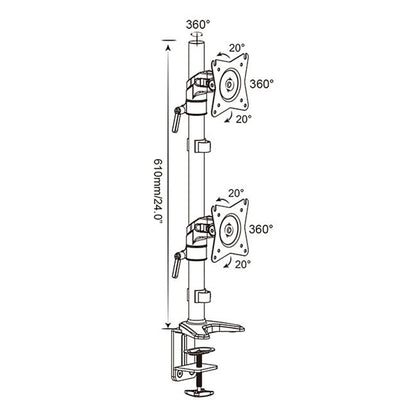 Plexgear bordbeslag med 2 justerbare arme til 15-27" skærme, 360° rotation, 20° tilt, 610 mm stang med bordklemme.