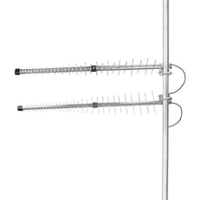To parallelle Rettet 5G-antenner med Mimo 15 dBi, sorte endekapper, flere horisontale elementer på lodret mast.
